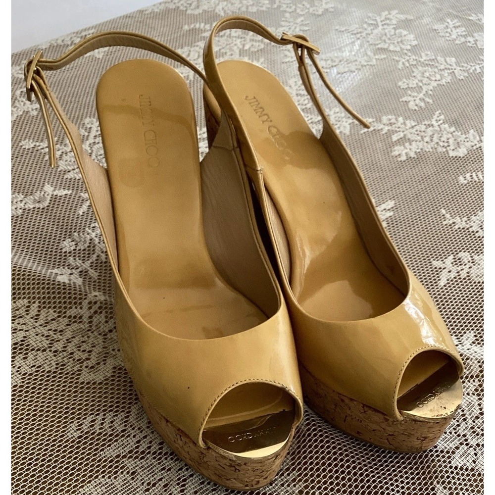 Jimmy Choo Praise Cork Patent Leather Yellow Platform Slingback Wedge S 38.5 - Picture 14 of 14